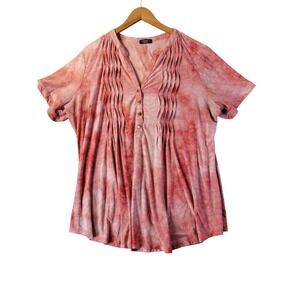 Cocomo Woman Pink Pleated Tunic Top‎ Embossed Henley Ombre Short Sleeve